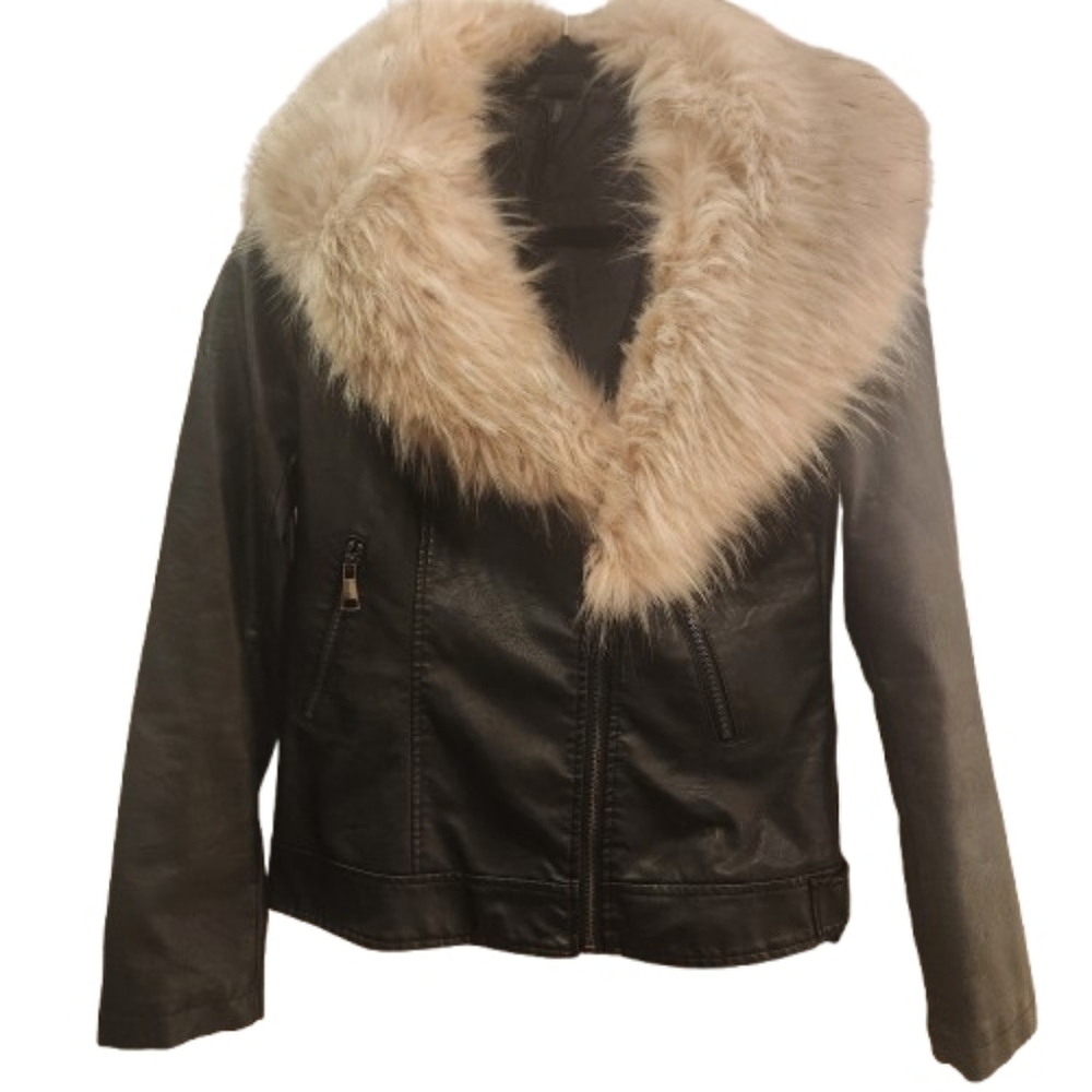 Love Token By Neiman Marcus Faux Leather Moto Jacket w/ Detachable Collar